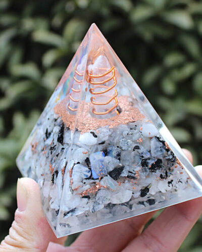 Gray Moonstone Chips Large Crystal Pyramid with SBB Coil