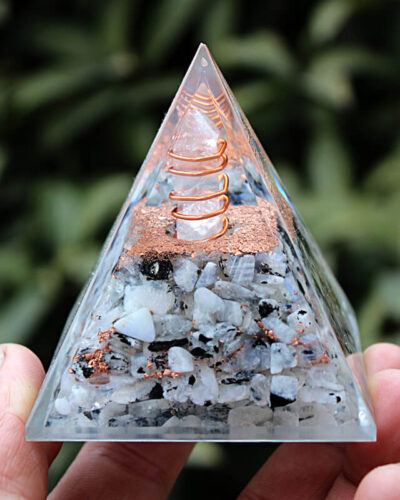 Gray Moonstone Chips Large Crystal Pyramid with SBB Coil