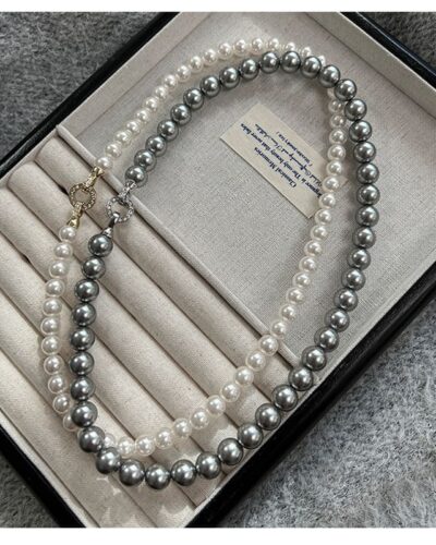 Gray White Pearl Necklace Choker Sweater Chain