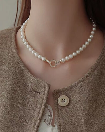 Gray White Pearl and Beaded Necklace Sweater Chain