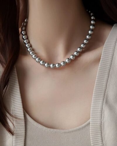 Gray White Pearl and Beaded Necklace Sweater Chain
