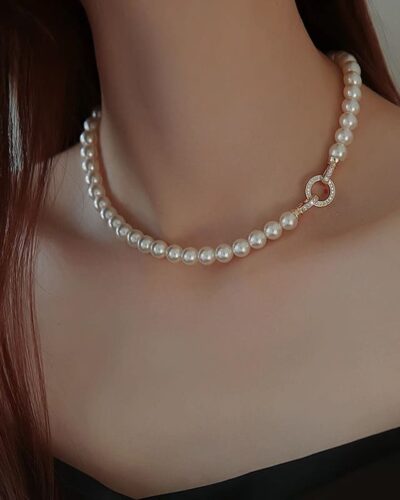 Gray White Pearl Necklace Choker Sweater Chain