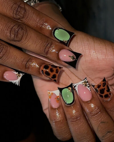 Y2K Leopard Zebra Stripes Green Duck Press On Nails