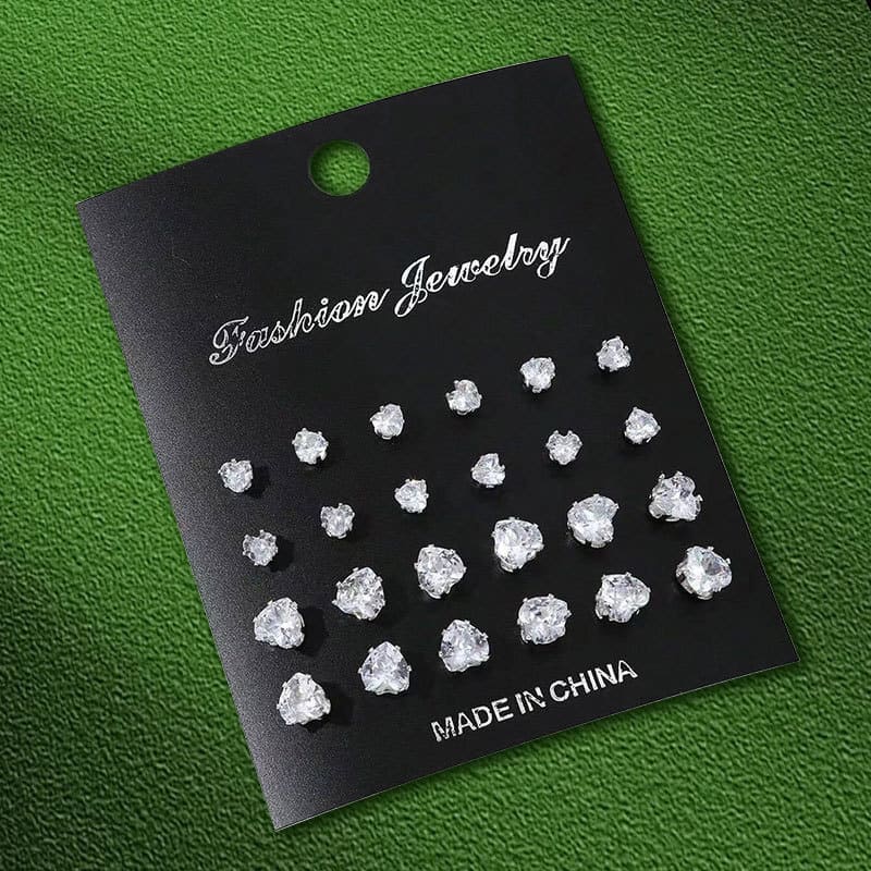 12Pairs Simple Rhinestone Stainless Steel Earring Studs