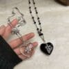 Heart Black Gothic Cross Necklace with Stainless Steel Chain