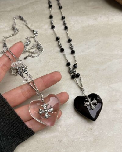 Heart Black Gothic Cross Necklace with Stainless Steel Chain
