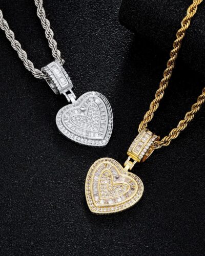Hip-Hop CZ Pave Heart Pendant Necklace Rope Chain for Men Women