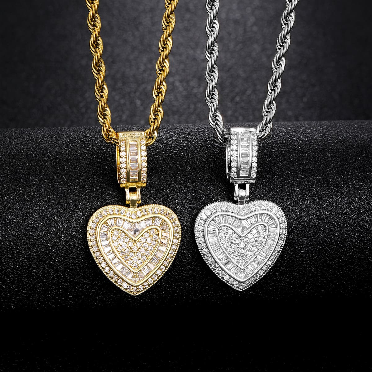 Hip-Hop CZ Pave Heart Pendant Necklace Rope Chain for Men Women