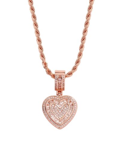 Hip-Hop CZ Pave Heart Pendant Necklace Rope Chain for Men Women