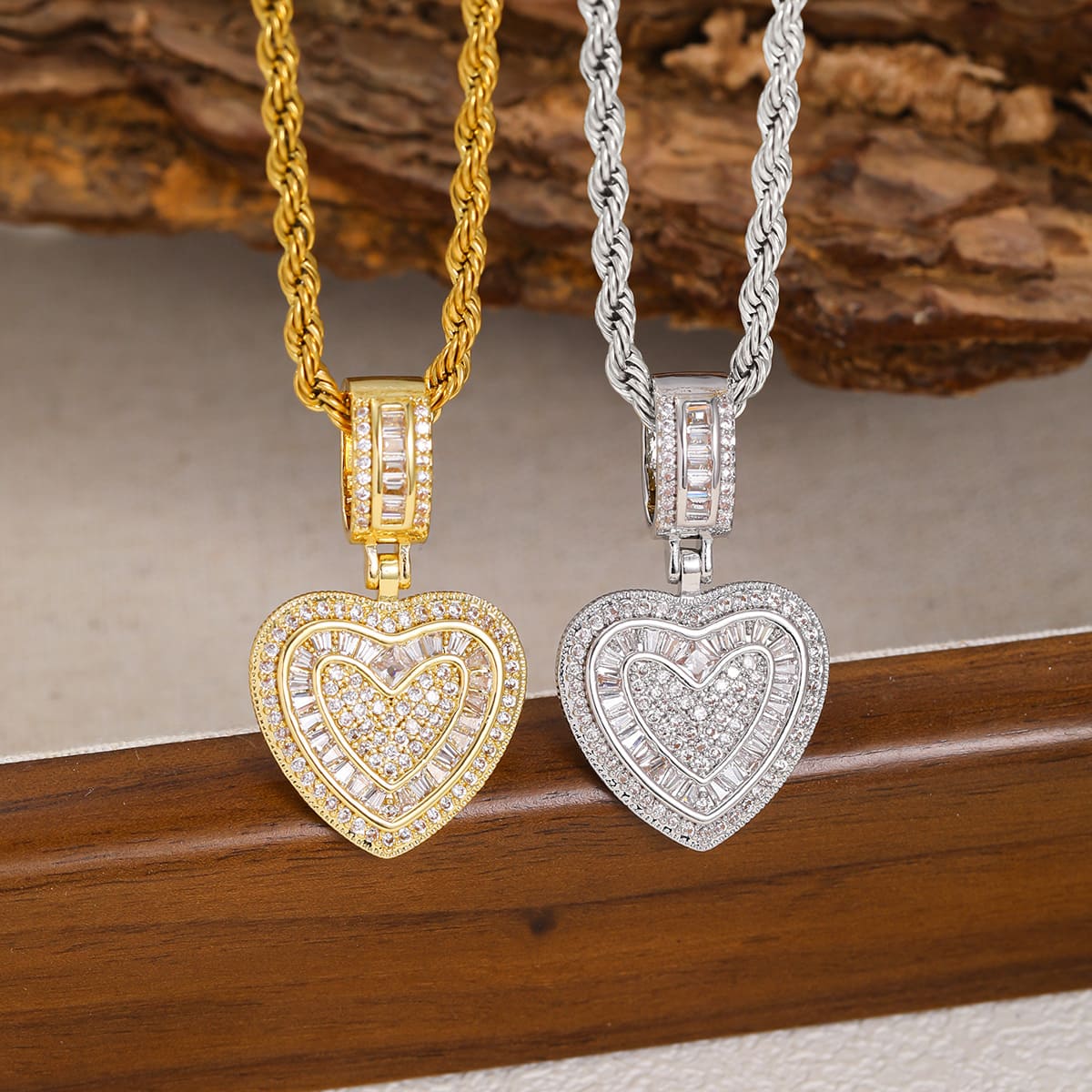 Hip-Hop CZ Pave Heart Pendant Necklace Rope Chain for Men Women