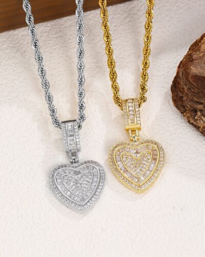 Hip-Hop CZ Pave Heart Pendant Necklace Rope Chain for Men Women