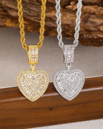 Hip-Hop CZ Pave Heart Pendant Necklace Rope Chain for Men Women