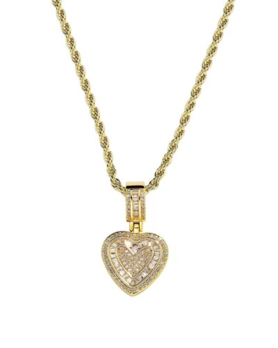 Hip-Hop CZ Pave Heart Pendant Necklace Rope Chain for Men Women