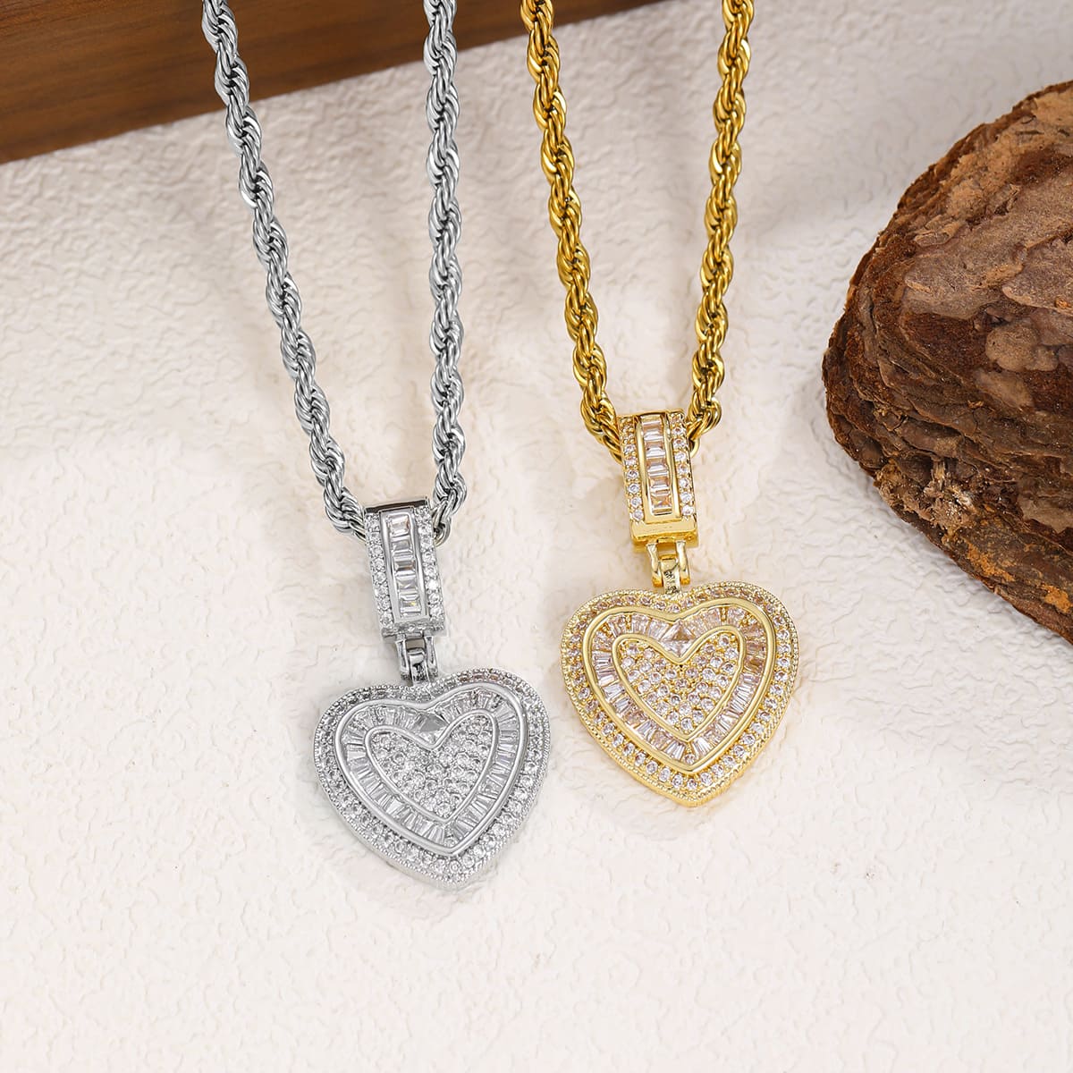 Hip-Hop CZ Pave Heart Pendant Necklace Rope Chain for Men Women