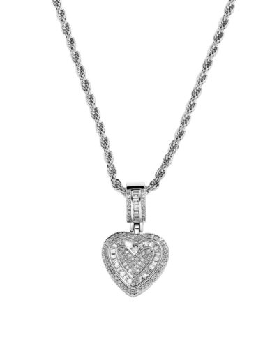 Hip-Hop CZ Pave Heart Pendant Necklace Rope Chain for Men Women