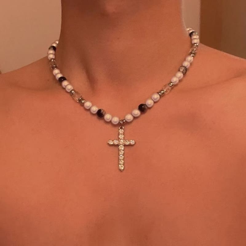 Hip-Hop Men's Cross with Pearls Necklace Unisex