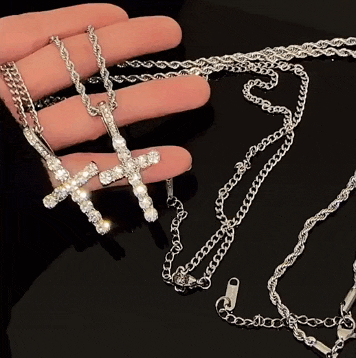 Hip hop Stainless Steel Rope Chain Rhinestone Cross Necklace 1