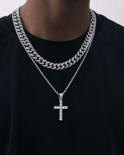 Hip hop Stainless Steel Rope Chain Rhinestone Cross Necklace 11