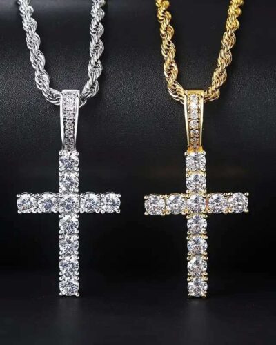 Hip-hop Stainless Steel Rope Chain Rhinestone Cross Necklace