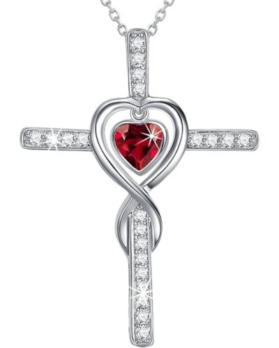 Silver Ladies Birthstone Cross Necklace Pendant