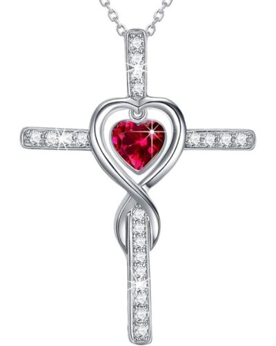 Silver Ladies Birthstone Cross Necklace Pendant