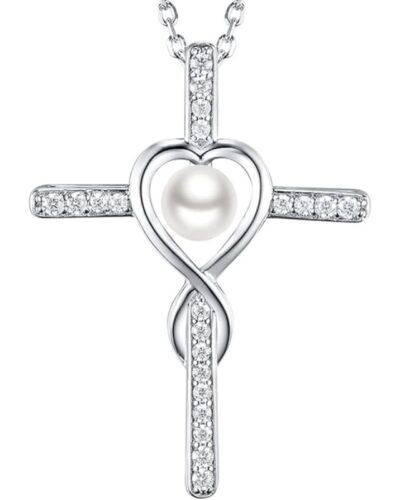 Silver Ladies Birthstone Cross Necklace Pendant