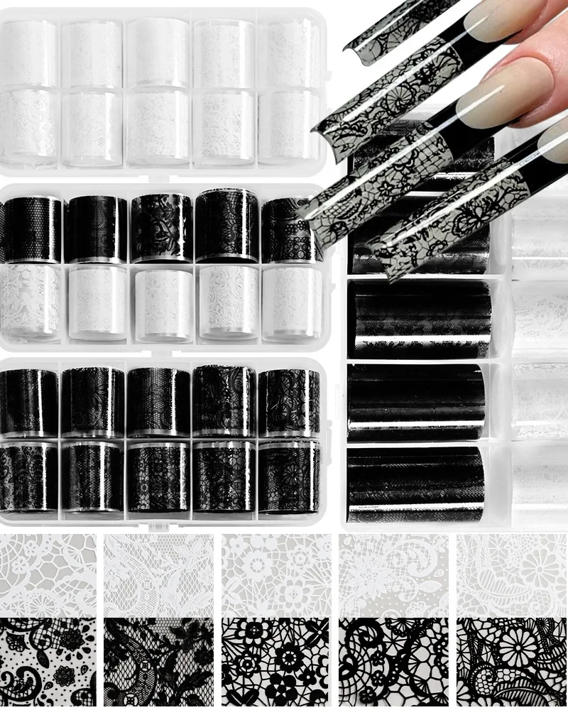 10 Rolls Flower Lace Nail Transfer Foil White and Black