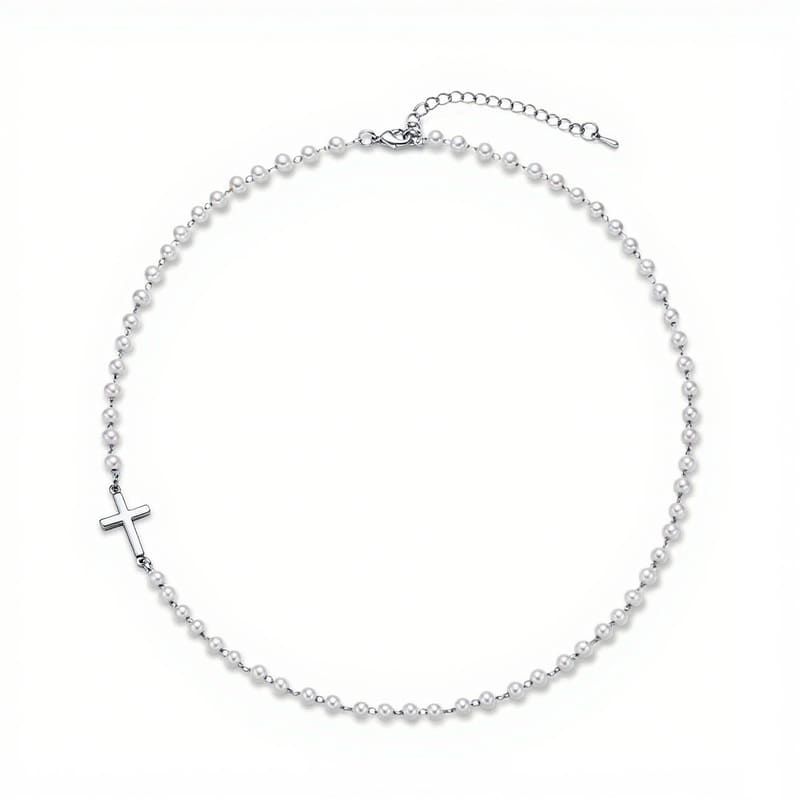 Ladies Simple Cross and Pearl Necklace for Daily Wear