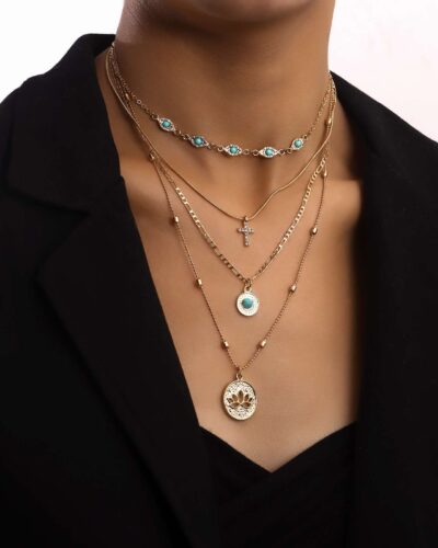 Alternative view of Layered Cross Necklace with Filigree Lotus Pendant