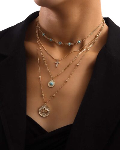 Layered Cross Necklace with Filigree Lotus Pendant