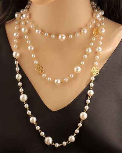 Layered Long Pearl Necklace Camellia Lariat Chain