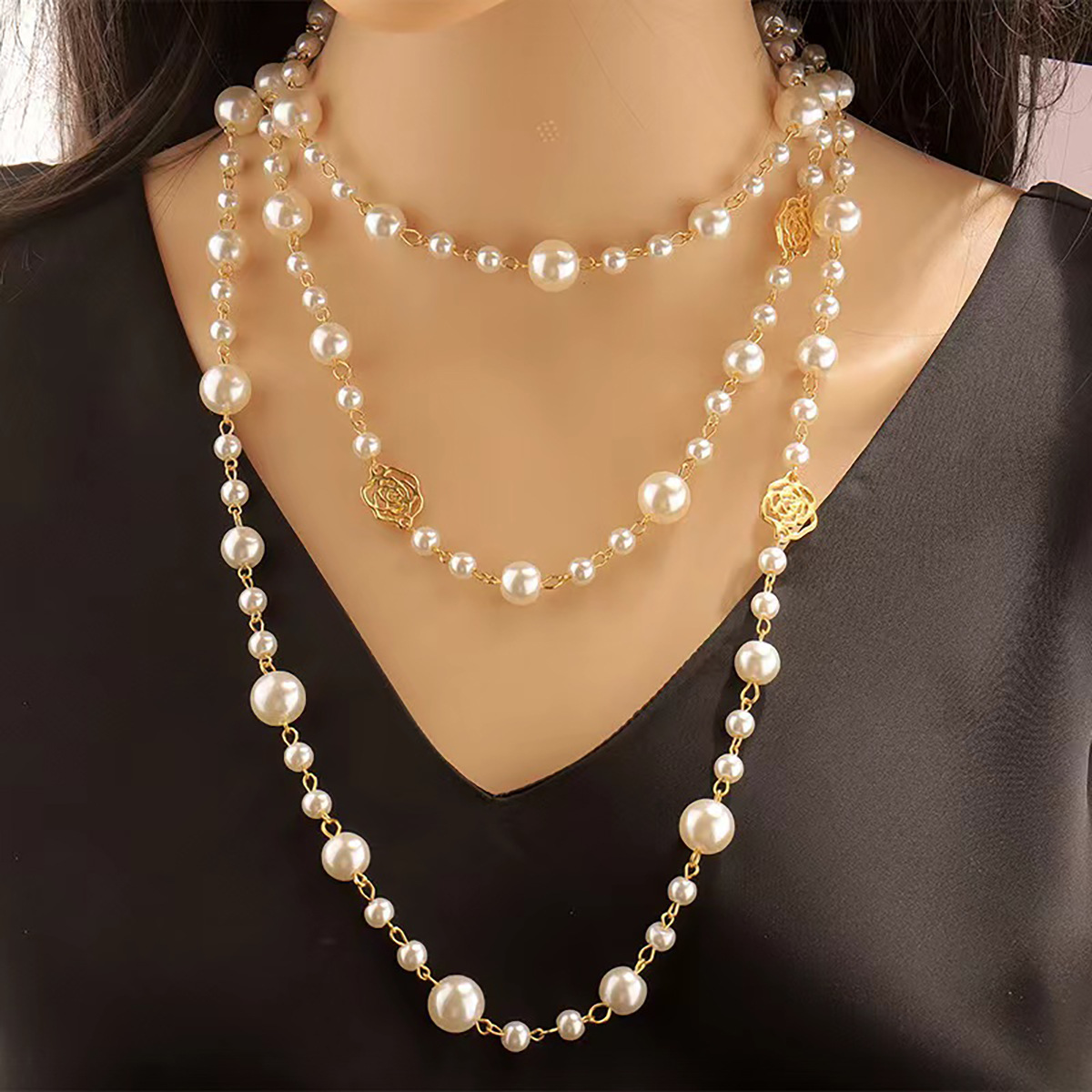 Layered Long Pearl Necklace Camellia Lariat Chain