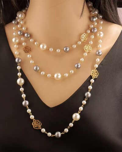 Layered Long Pearl Necklace Camellia Lariat Chain