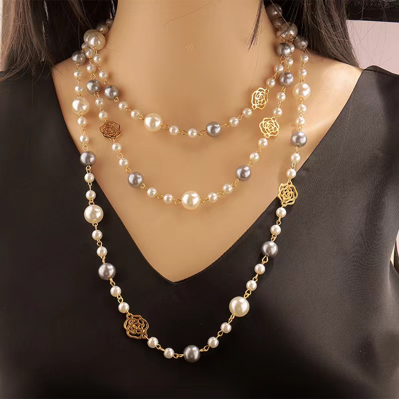 Layered Long Pearl Necklace Camellia Lariat Chain
