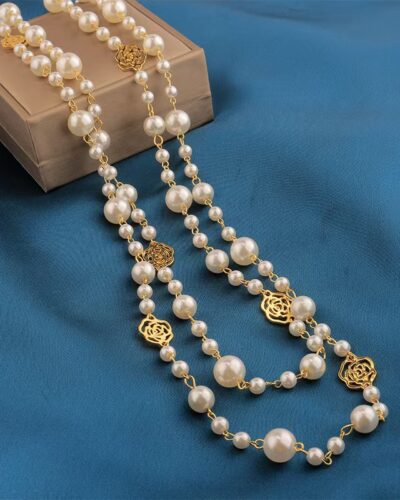Layered Long Pearl Necklace Camellia Lariat Chain