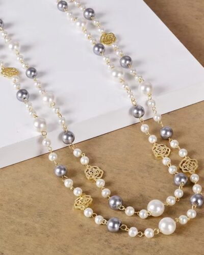 Layered Long Pearl Necklace Camellia Lariat Chain
