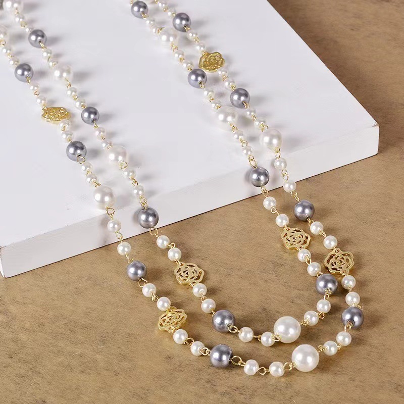 Layered Long Pearl Necklace Camellia Lariat Chain