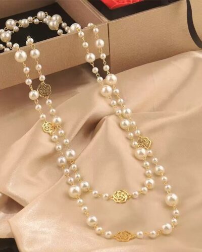 Layered Long Pearl Necklace Camellia Lariat Chain