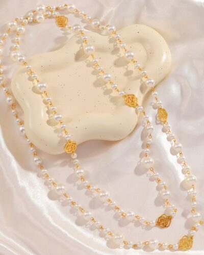 Layered Long Pearl Necklace Camellia Lariat Chain