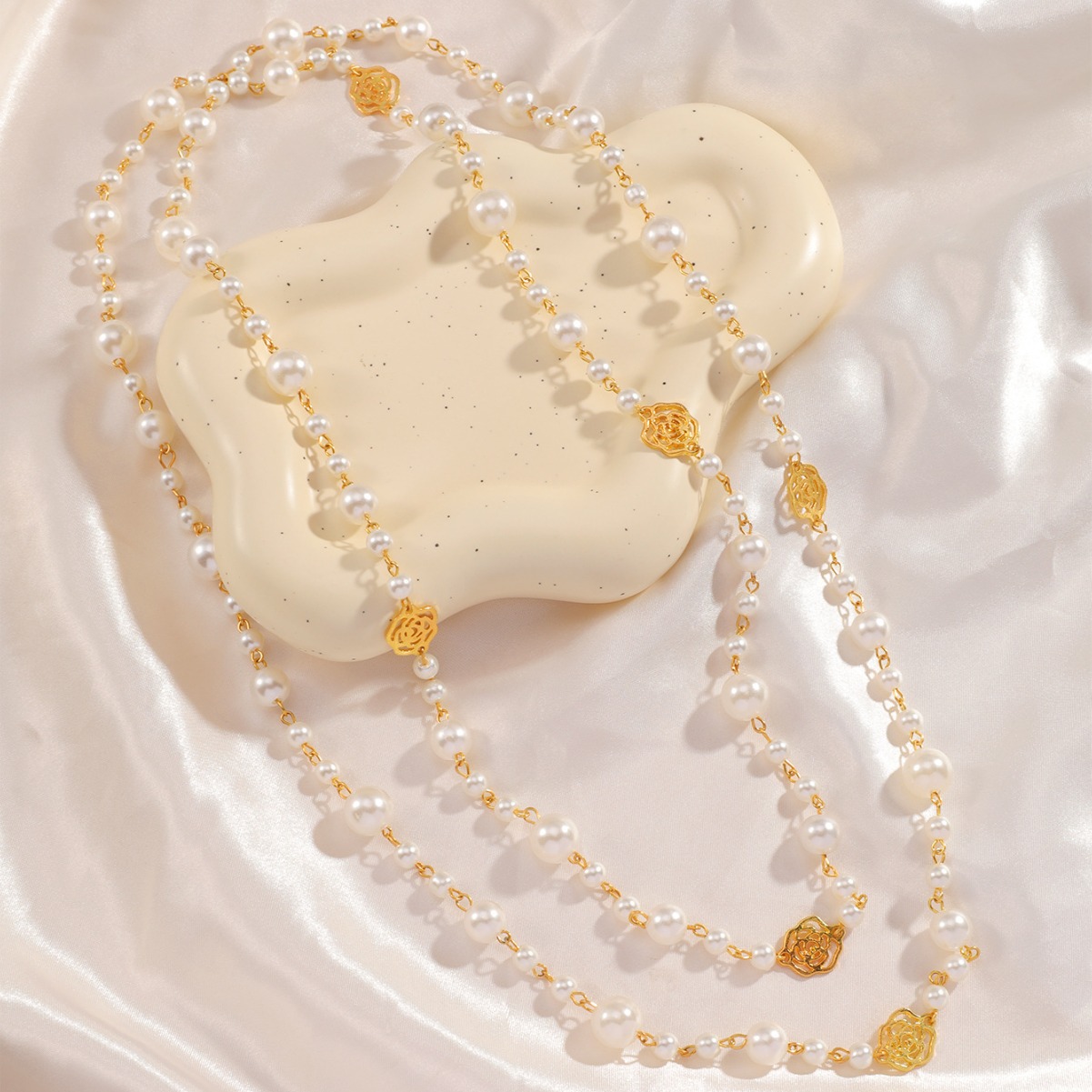 Layered Long Pearl Necklace Camellia Lariat Chain