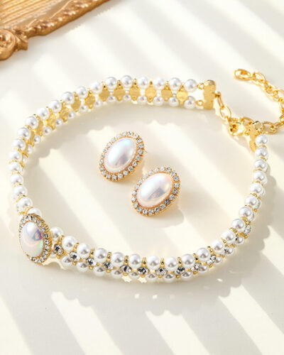 Alternative view of Layered Twisted Gold Pearl Choker Necklace Earring Set To Wife