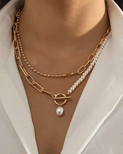 Layered Vintage Pearl Long Necklace OT Clasp Chain