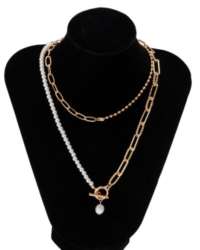Layered Vintage Pearl Long Necklace OT Clasp Chain