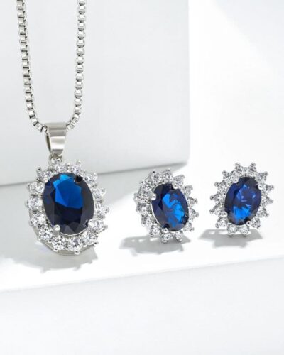 Luxury White Gold Oval 3A Blue Zircon Necklace Gift for Her