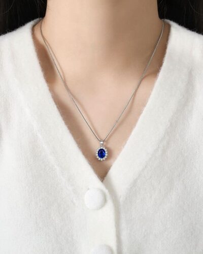 Luxury White Gold Oval 3A Blue Zircon Necklace Gift for Her