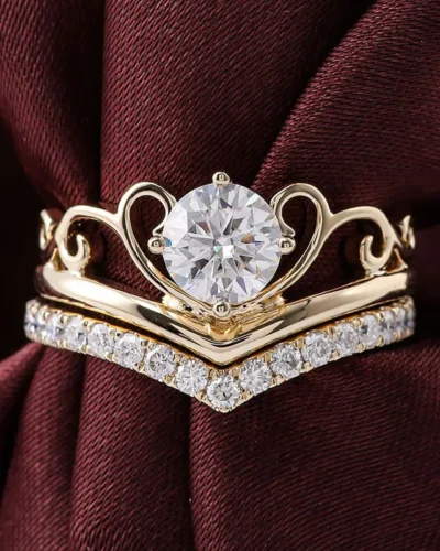 Luxury Crown Gold Moissanite Engagement Rings Set for Women