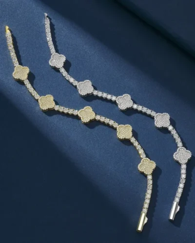 Luxury Four Leaf Clover Moissanite Tennis Bracelet 3mm Pave Setting Women Men