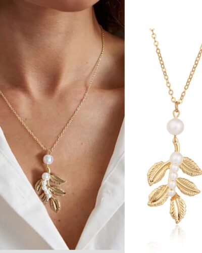 Vintage Leaf Pendant Pearl Necklace Earring Baroque Style
