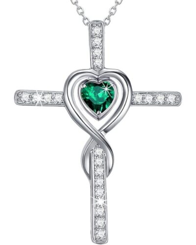 Silver Ladies Birthstone Cross Necklace Pendant