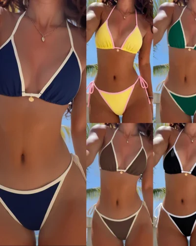 Minimalist Solid Color Contrast Tie Halter Bikini Set Casual Elastic Beachwear
